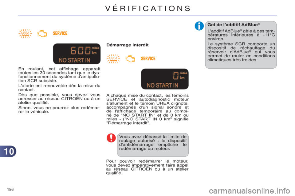 CITROEN C4 2014  Notices Demploi (in French) 1010
186 
Démarrage interditVous avez dépassé la limite de 
roulage autorisé : le dispositif 
d'antidémarrage empêche le 
redémarrage du moteur.
a chaque mise du contact, les témoins se
RV