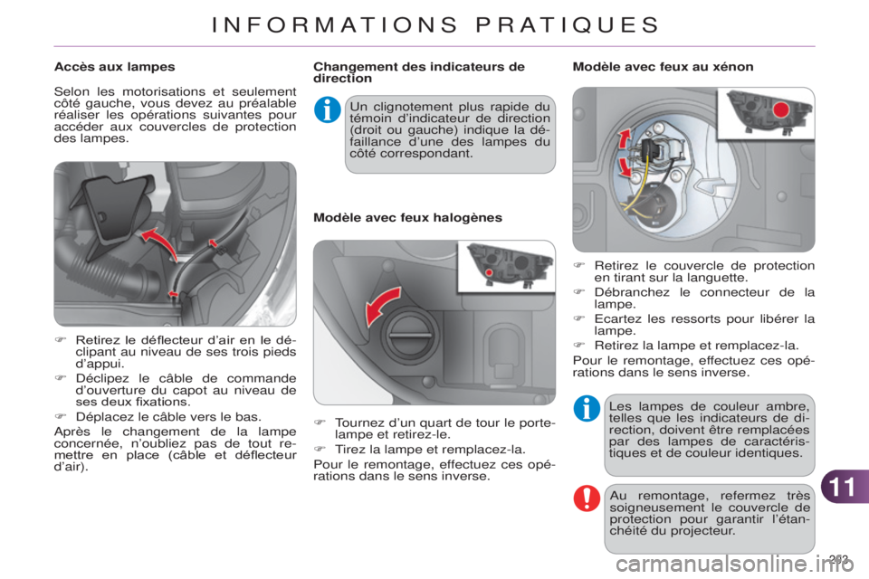 CITROEN C4 2014  Notices Demploi (in French) 1111
203 
les lampes de couleur ambre, 
telles que les indicateurs de di -
rection, doivent être remplacées 
par des lampes de caractéris-
tiques et de couleur identiques.
a

u remontage, refermez 