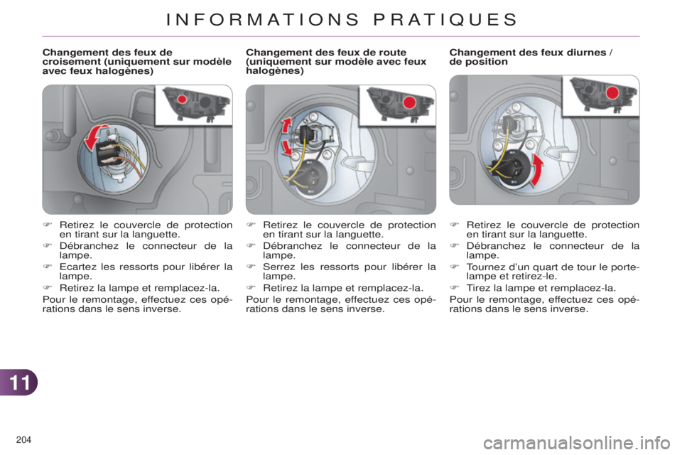 CITROEN C4 2014  Notices Demploi (in French) 1111
204 
Changement des feux de 
croisement (uniquement sur modèle 
avec feux halogènes)Changement des feux diurnes / 
de
  position
F
 
Retirez le couvercle de protection 
en tirant sur la languet