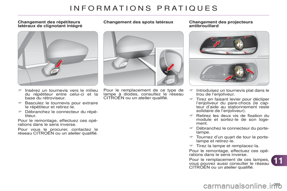 CITROEN C4 2014  Notices Demploi (in French) 1111
205 
F  introduisez un tournevis plat dans le 
trou de l’enjoliveur .
F
  t
irez en faisant levier pour décliper 
l’enjoliveur du pare-chocs (le cap

-
teur d’aide au stationnement reste 
