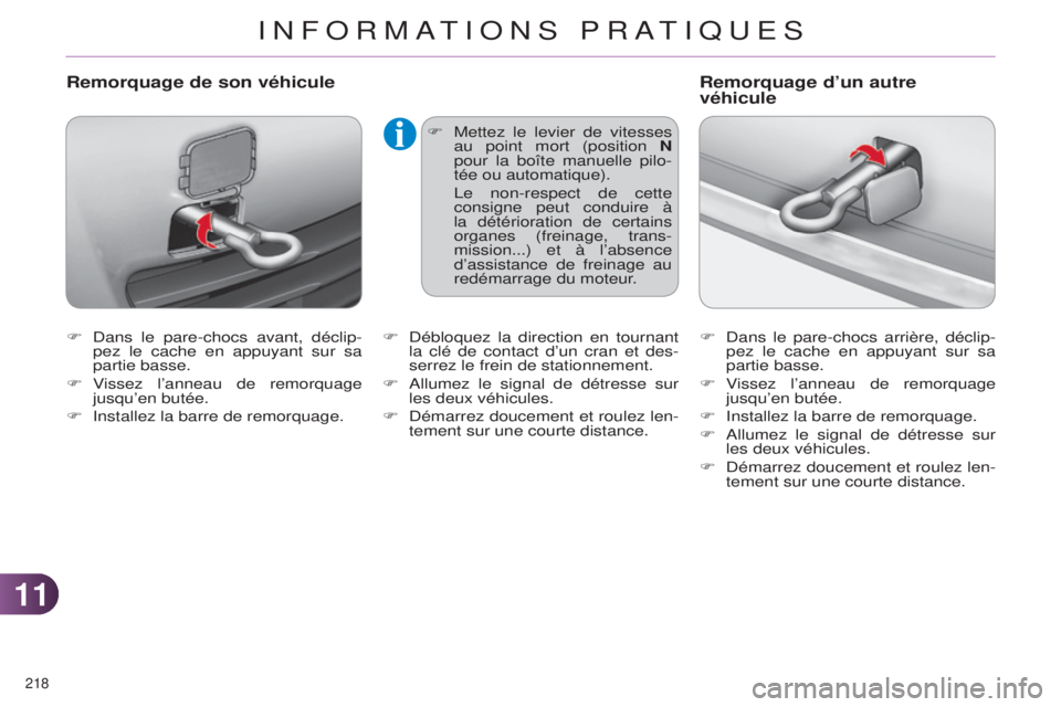CITROEN C4 2014  Notices Demploi (in French) 1111
218 
F  dans le pare-chocs avant, déclip-
pez  le cache en appuyant sur sa 
partie basse.
F
 
V
 issez l’anneau de remorquage 
jusqu’en butée.
F
  i nstallez la barre de remorquage.
Remorqu