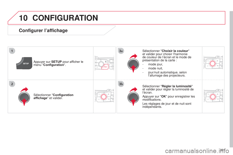CITROEN C4 2014  Notices Demploi (in French) 10
281
CONFIGURATION
appuyer sur SETUP pour afficher le 
menu " Configuration ".
s
 électionner "
Choisir la couleur " 
et valider pour choisir l’harmonie 
de couleur de l’écran 