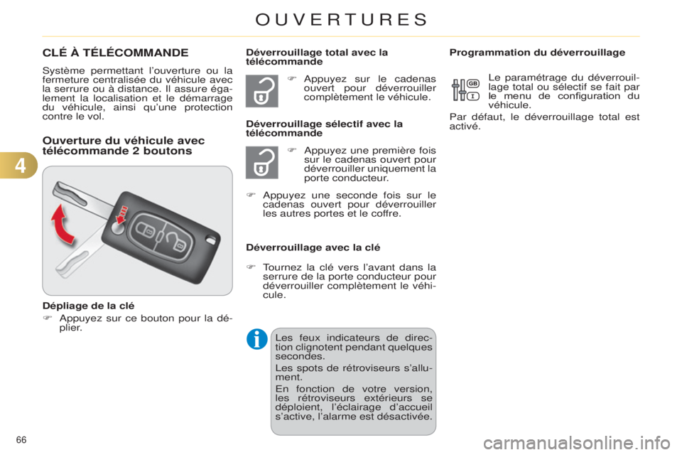 CITROEN C4 2014  Notices Demploi (in French) 66 
CLÉ à TÉLÉCOMMANDE
système permettant l’ouverture ou la 
fermeture  centralisée du véhicule avec 
la serrure ou à distance. 
i l assure éga-
lement la localisation et le démarrage 
du 
