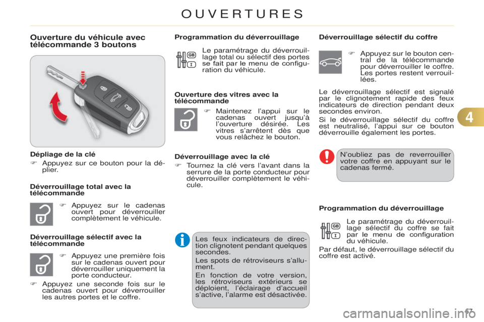 CITROEN C4 2014  Notices Demploi (in French) 67 
Ouverture du véhicule avec 
télécommande 3 boutons
Dépliage de la clé
F  a ppuyez sur ce bouton pour la dé-
plier.
F
 a ppuyez sur le cadenas 
ouvert pour déverrouiller 
complètement le v