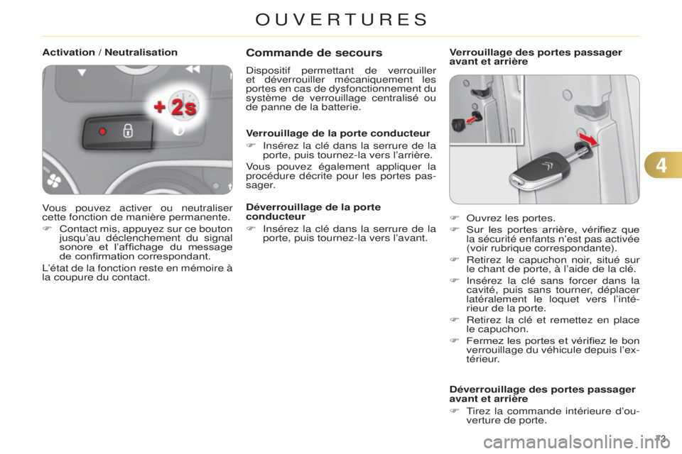 CITROEN C4 2014  Notices Demploi (in French) 73 
Commande de secours
dispositif permettant de verrouiller 
et  déverrouiller mécaniquement les 
portes en cas de dysfonctionnement du 
système de verrouillage centralisé ou 
de panne de la batt