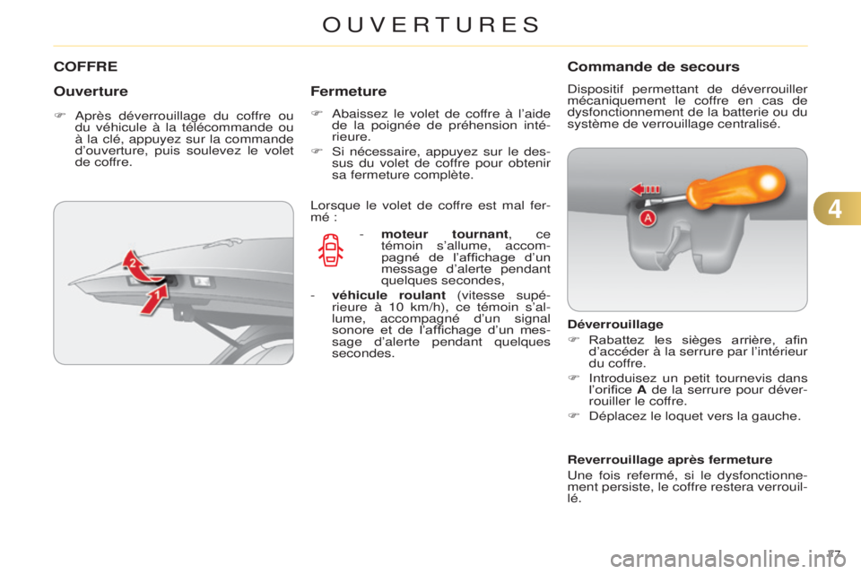 CITROEN C4 2014  Notices Demploi (in French) 77 
COFFRE
Ouverture
F  après déverrouillage du coffre ou 
du véhicule à la télécommande ou 
à la clé, appuyez sur la commande 
d’ouverture, puis soulevez le volet 
de cof
fre.
Fermeture
F  