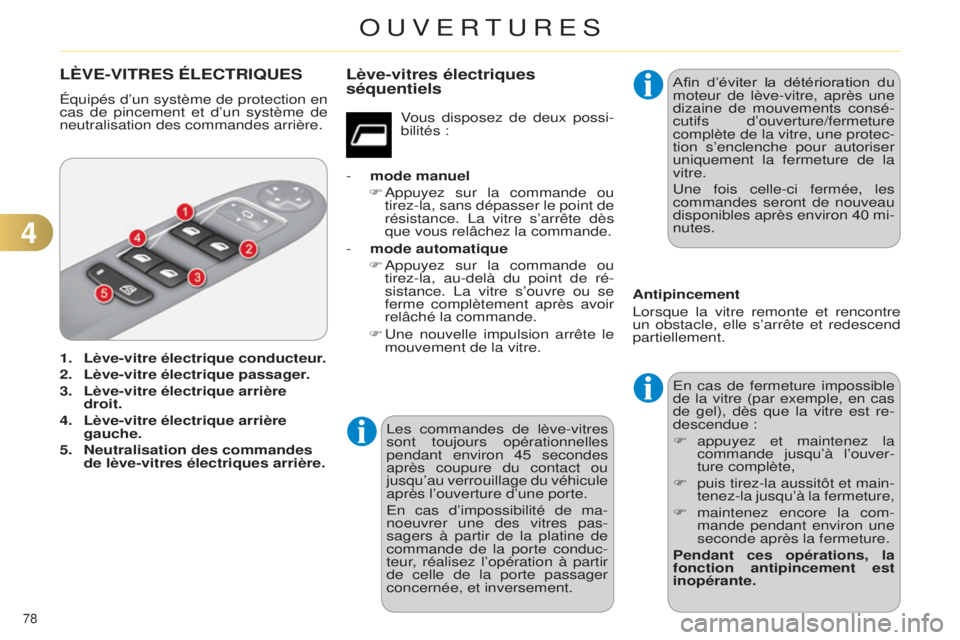 CITROEN C4 2014  Notices Demploi (in French) 78 
LèVE-VITRES ÉLECTRIQUES
Équipés d’un système de protection en 
cas de pincement et d’un système de 
neutralisation des commandes arrière.
1. 
Lève-vitre électrique conducteur
 .
2.
 
