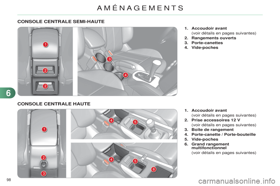 CITROEN C4 2014  Notices Demploi (in French) 98 
CONSOLE CENTRALE SEMI-HAUTE
1. Accoudoir avant
 (voir détails en pages suivantes)
2.

 
Rangements ouverts
3.

 
Porte-canettes
4.

 
V
 ide-poches
CONSOLE CENTRALE HAUTE
1. Accoudoir avant
 (voi