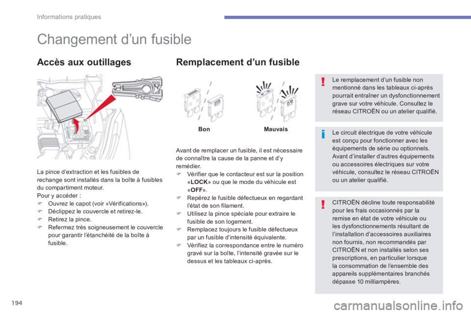 CITROEN C4 AIRCROSS 2014  Notices Demploi (in French) 194
Informations pratiques
   
 
 
 
 
 
 
 
 
 
 
 
 
 
Changement d’un fusible 
La pince d’extraction et les fusibles derechange sont installés dans la boîte à fusibles
du compartiment moteur
