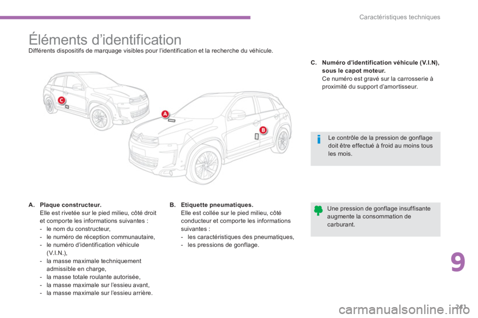 CITROEN C4 AIRCROSS 2014  Notices Demploi (in French) 9
241
Caractéristiques techniques
   
 
 
 
 
 
 
 
 
 
 
 
 
 
Éléments d’identification  
Différents dispositifs de marquage visibles pour l’identification et la recherche du véhicule.
A.Pl