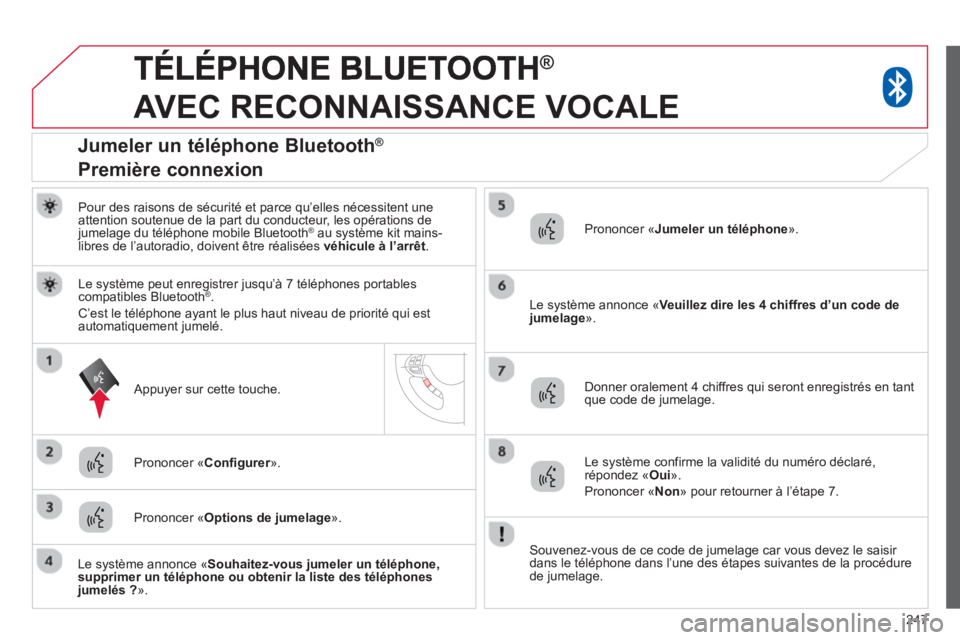 CITROEN C4 AIRCROSS 2014  Notices Demploi (in French) 247
®
AVEC RECONNAISSANCE VOCALE 
Pour des raisons de sécurité et parce qu’elles nécessitent une attention soutenue de la part du conducteur, les opérations dejumelage du téléphone mobile Blu