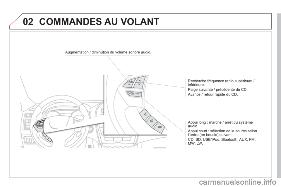 CITROEN C4 AIRCROSS 2014  Notices Demploi (in French) 257
02
   
 
 
 
 
 
Augmentation / diminution du volume sonore audio.  
   
Recherche fréquence radio supérieure / 
in
férieure. 
  Plage suivante 
/ précédente du CD.
 
Avance / retour rapide d
