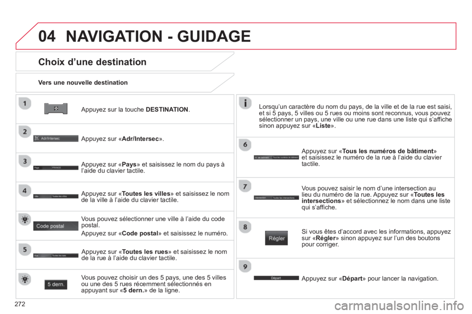 CITROEN C4 AIRCROSS 2014  Notices Demploi (in French) 272
04
   
Appuyez sur la touche DESTINATION .
 
 Vers une nouvelle destination  
 
 
Choix d’une destination 
 
 Appuyez sur «Adr/Intersec».
 
 
Appuyez sur «Pays 
» et saisissez le nom du pays