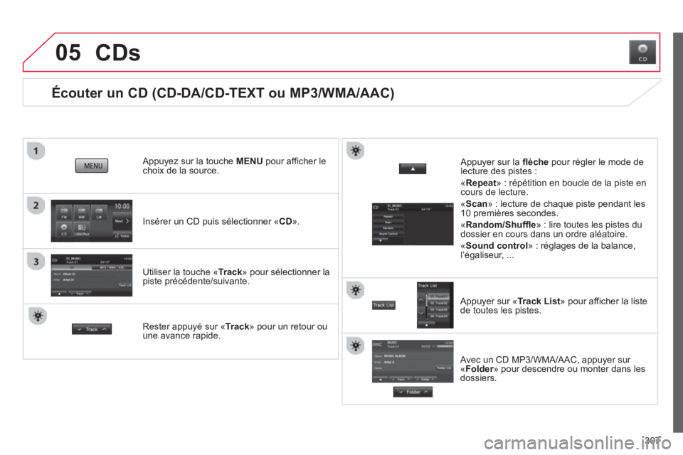 CITROEN C4 AIRCROSS 2014  Notices Demploi (in French) 307
05
   
 
 
 
 
 
 
Écouter un CD (CD-DA/CD-TEXT ou MP3/WMA/AAC) 
 
 
Insérer un CD puis sélectionner « CD».
 
 Appuyez sur la touche  MENUpour afficher lechoix de la source.
   
Utiliser la t