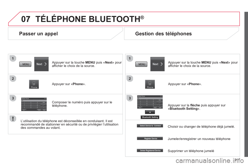 CITROEN C4 AIRCROSS 2014  Notices Demploi (in French) 311
0
   
 
 
 
 
Passer un appel 
TÉLÉPHONE BLUETOOTH ®
 
 
Appuyer sur la touche  MENUpuis « Next 
» pour afficher le choix de la source.  
   
Appuyer sur «Phone».
Composer le numéro puis a