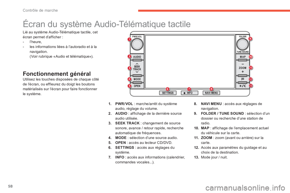 CITROEN C4 AIRCROSS 2014  Notices Demploi (in French) 58
Contrôle de marche
   
 
 
 
 
 
 
 
Écran du système Audio-Télématique tactile 
Fonctionnement généralUtilisez les touches disposées de chaque côté
de l’écran, ou effleurez du doigt l