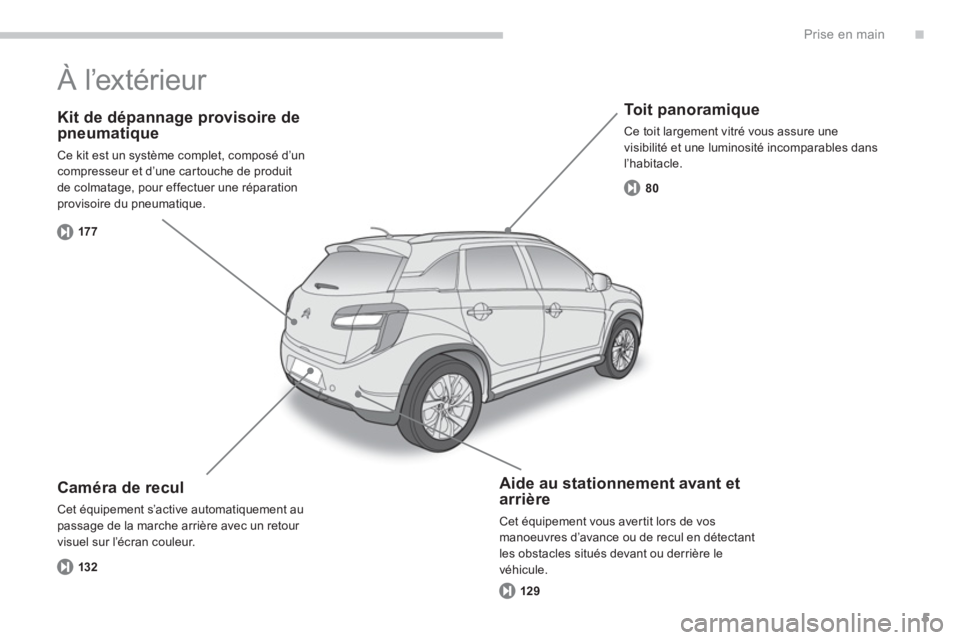 CITROEN C4 AIRCROSS 2014  Notices Demploi (in French) .
5
Prise en main
   
Kit de dépannage provisoire depneumatique 
 
Ce kit est un système complet, composé d’uncompresseur et d’une car touche de produit 
de colmatage, pour effectuer une répar