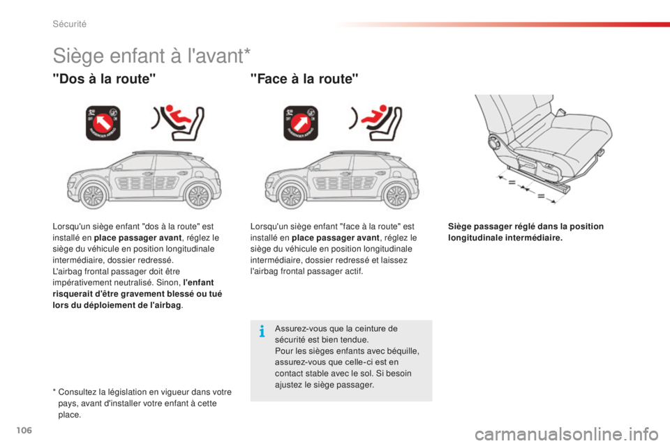 CITROEN C4CACTUS 2018  Notices Demploi (in French) 106
Siège enfant à l'avant*
"Dos à la route""Face à la route"
Siège passager réglé dans la position 
longitudinale intermédiaire.
Assurez-vous que la ceinture de 
sécurit