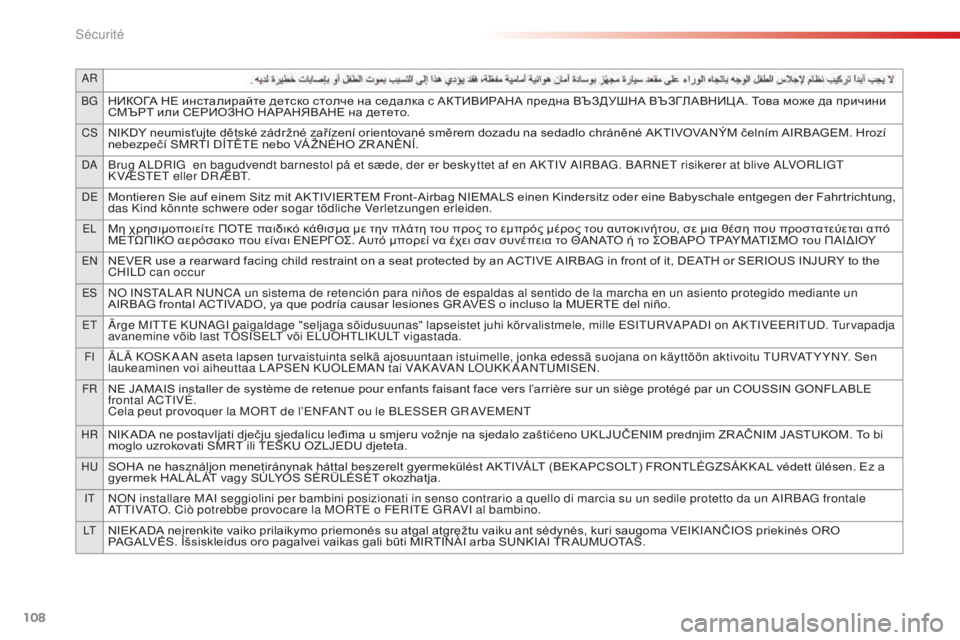CITROEN C4CACTUS 2018  Notices Demploi (in French) 108
AR
BG
НИКОГА НЕ инсталирайте детско столче на седалка с АКТИВИРАНА предна ВЪЗДУШНА ВЪЗГЛАВНИЦ А. Това може да