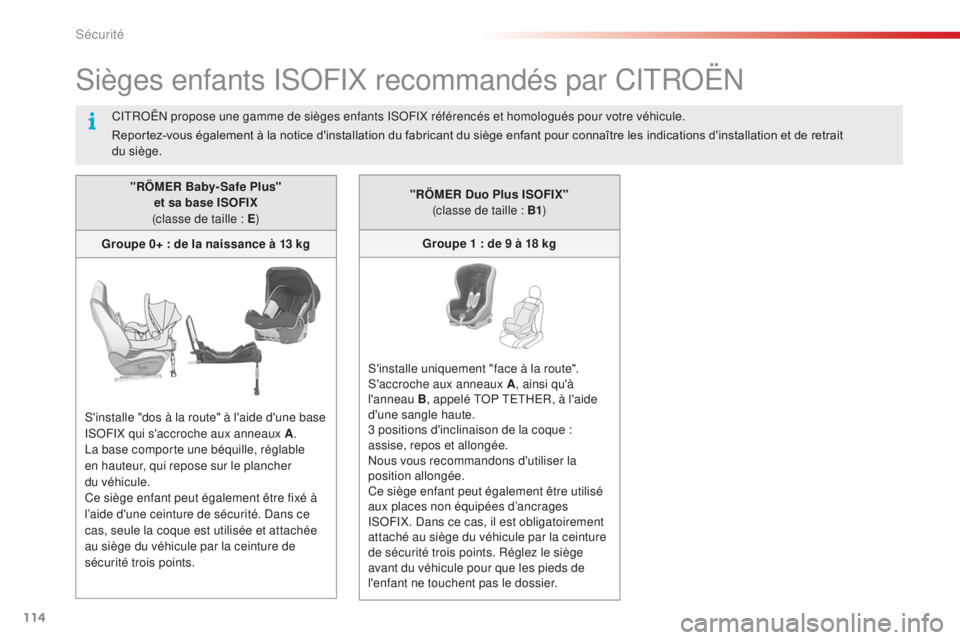 CITROEN C4CACTUS 2018  Notices Demploi (in French) 114
Sièges enfants ISOFIX recommandés par CITROËN
"RÖMER Baby- Safe Plus"  et sa base ISOFIX 
(classe de taille
  : E)
Groupe 0+
  : de la naissance à 13 kg
S'installe "dos à la 