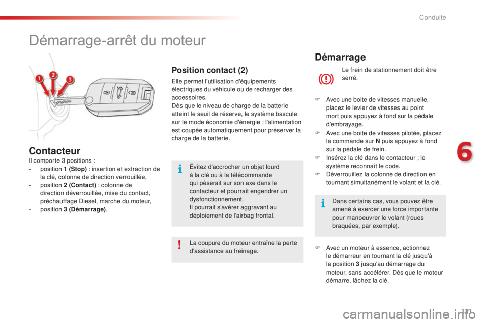 CITROEN C4CACTUS 2018 Notices Demploi (in French) 121
Démarrage
Le frein de stationnement doit être
serré.
F
A
vec une boite de vitesses manuelle,
placez le levier de vitesses au point
mort puis appuyez à fond sur la pédale
d'embrayag CITROEN C4CACTUS 2018 Notices Demploi (in French) 121
Démarrage
Le frein de stationnement doit être
serré.
F
A
vec une boite de vitesses manuelle,
placez le levier de vitesses au point
mort puis appuyez à fond sur la pédale
d'embrayag