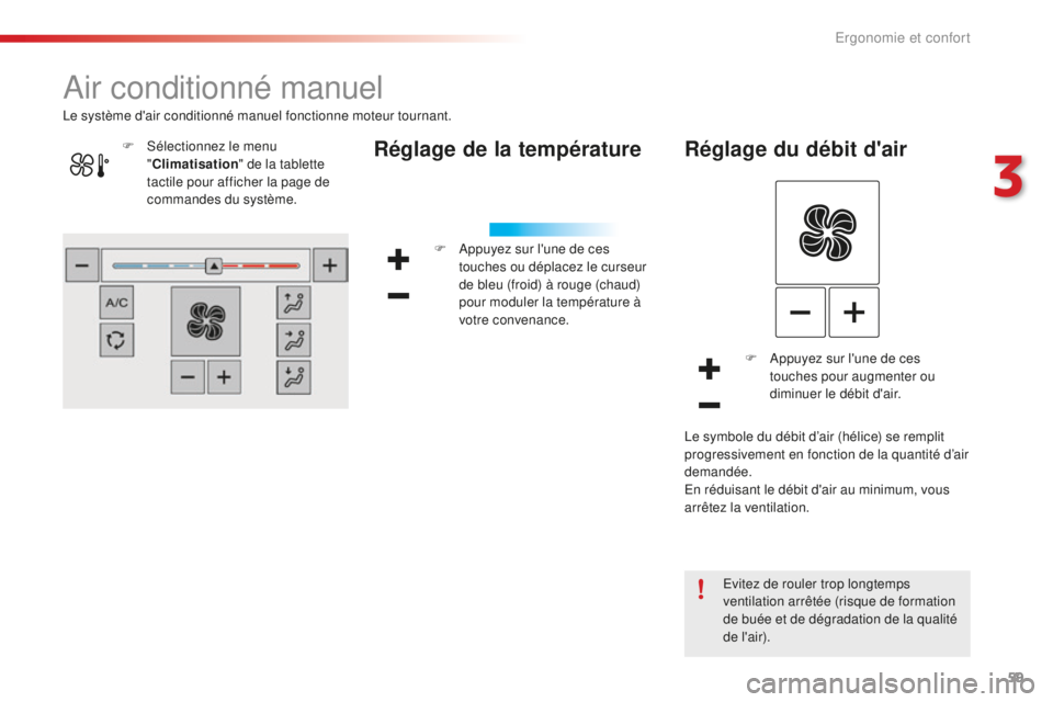 CITROEN C4CACTUS 2018  Notices Demploi (in French) 59
Air conditionné manuel
Réglage de la température
F Appuyez sur l'une de ces touches ou déplacez le curseur 
de bleu (froid) à rouge (chaud) 
pour moduler la température à 
votre convenan