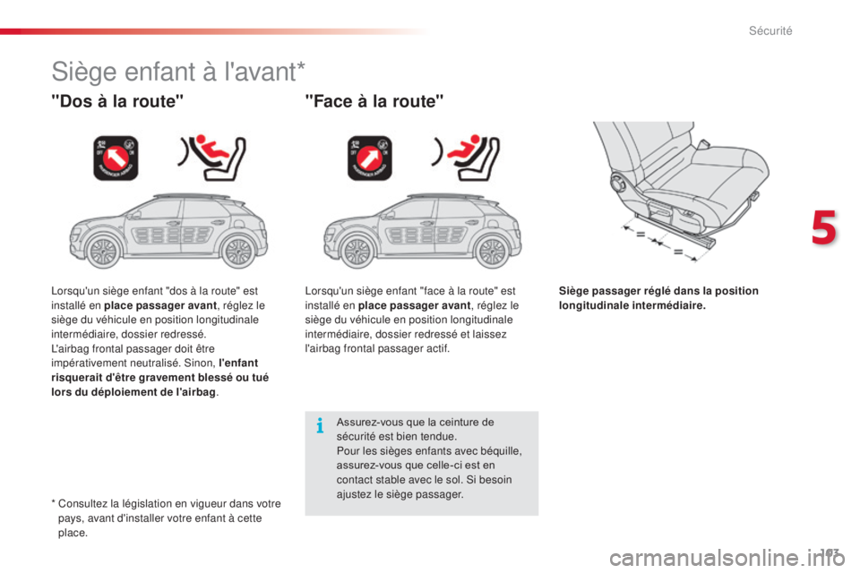 CITROEN C4CACTUS 2016  Notices Demploi (in French) 103
Siège enfant à l'avant*
"Dos à la route""Face à la route"
Siège passager réglé dans la position 
longitudinale intermédiaire.
Assurez-vous que la ceinture de 
sécurit