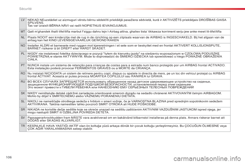 CITROEN C4CACTUS 2016  Notices Demploi (in French) 106
LVNEK AD NEuzstādiet uz aizmuguri vērstu bērnu sēdeklīti priekšējā pasažiera sēdvietā, kurā ir AKTIVIZĒTS priekšējais DROŠĪBAS GAISA 
S P I LV E N S .
Tas var izraisīt BĒRNA NĀ