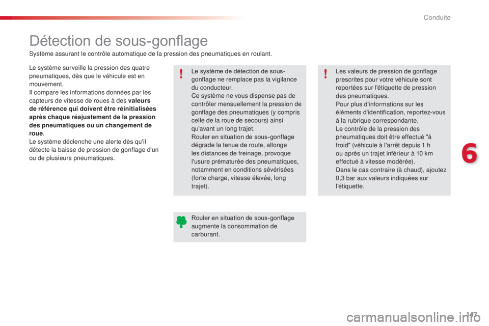 CITROEN C4CACTUS 2016  Notices Demploi (in French) 147
Détection de sous-gonflage
Le système surveille la pression des quatre 
pneumatiques, dès que le véhicule est en 
mouvement.
Il compare les informations données par les 
capteurs de vitesse d