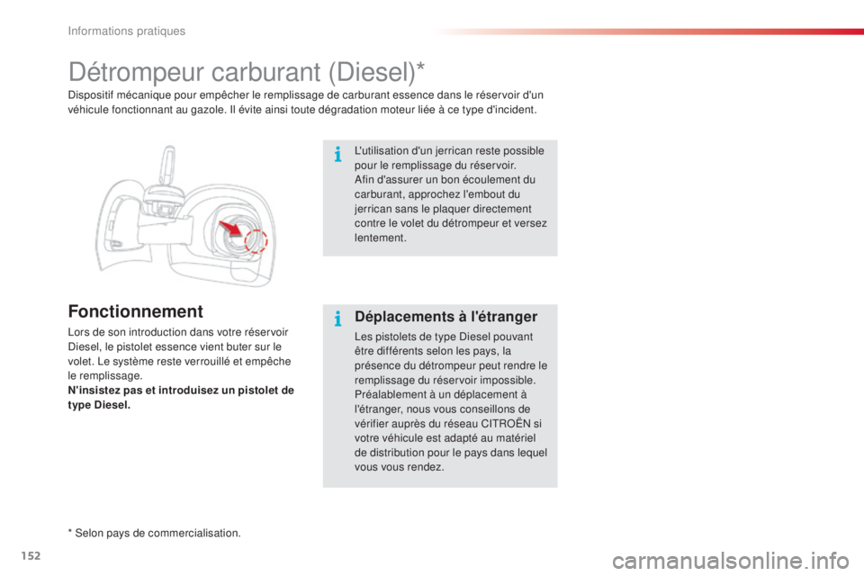 CITROEN C4CACTUS 2016  Notices Demploi (in French) 152
Détrompeur carburant (Diesel)*
Fonctionnement
Lors de son introduction dans votre réservoir 
Diesel, le pistolet essence vient buter sur le 
volet. Le système reste verrouillé et empêche 
le 