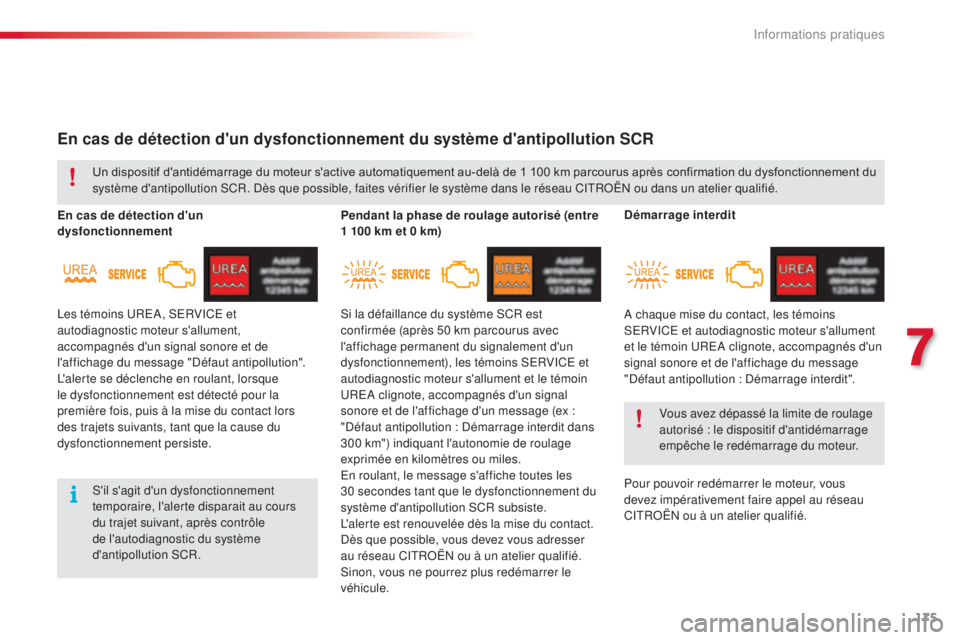 CITROEN C4CACTUS 2016  Notices Demploi (in French) 175
En cas de détection d'un dysfonctionnement du système d'antipollution SCR
En cas de détection d'un 
dysfonctionnementPendant la phase de roulage autorisé (entre 
1
  100   km et 0 