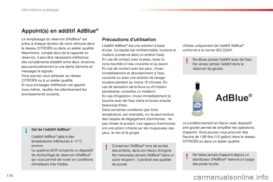 CITROEN C4CACTUS 2016  Notices Demploi (in French) 176
Gel de l'additif AdBlue®
L'additif AdBlue® gèle à des 
températures inférieures à -11°C 
environ.
Le système SCR comporte un dispositif 
de réchauffage du réservoir d'AdBlue
