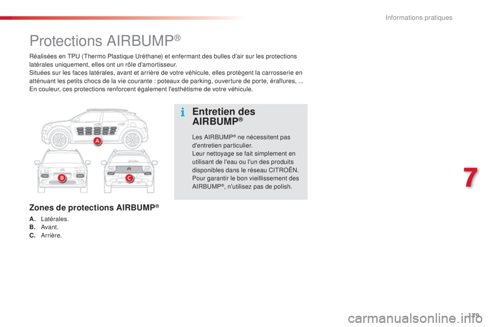 CITROEN C4CACTUS 2016  Notices Demploi (in French) 179
Réalisées en TPU (Thermo Plastique Uréthane) et enfermant des bulles d’air sur les protections 
latérales uniquement, elles ont un rôle d’amortisseur.
Situées sur les faces latérales, a