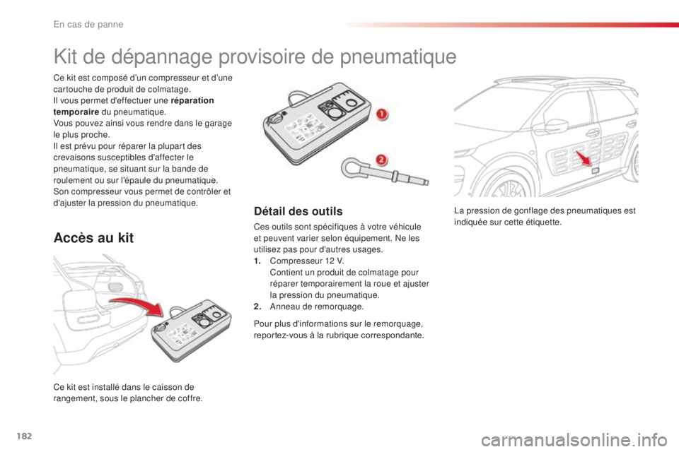 CITROEN C4CACTUS 2016  Notices Demploi (in French) 182
La pression de gonflage des pneumatiques est 
indiquée sur cette étiquette.
Ce kit est installé dans le caisson de 
rangement, sous le plancher de coffre. Ce kit est composé d’un compresseur