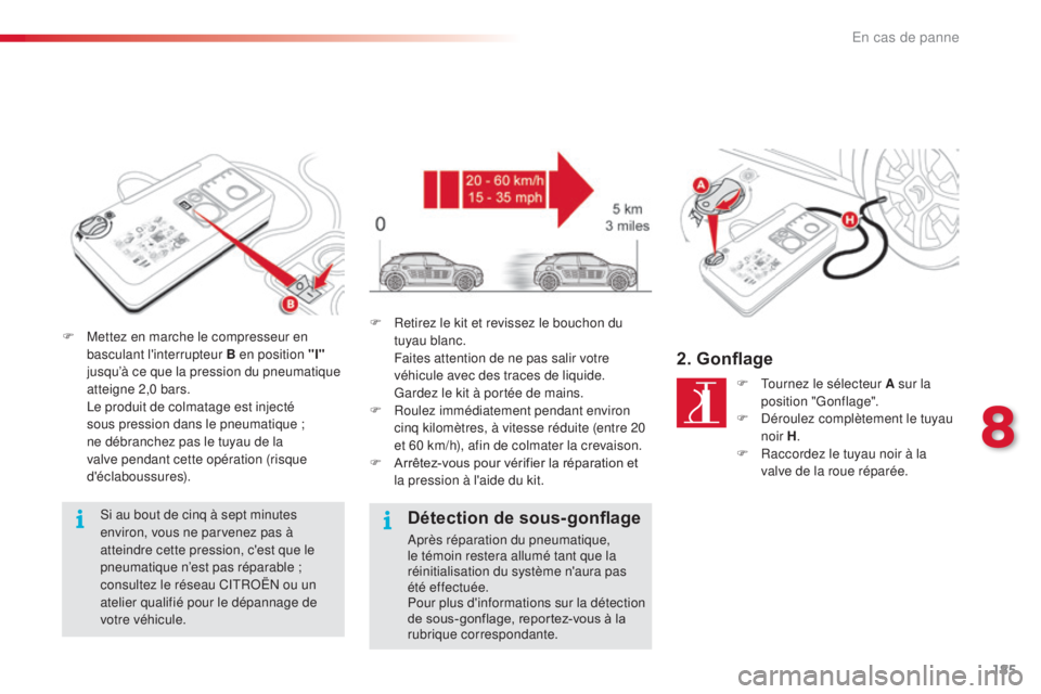 CITROEN C4CACTUS 2016  Notices Demploi (in French) 185
F Mettez en marche le compresseur en basculant l'interrupteur B en position "I"  
jusqu’à ce que la pression du pneumatique 
atteigne 2,0 bars.
 L

e produit de colmatage est inject