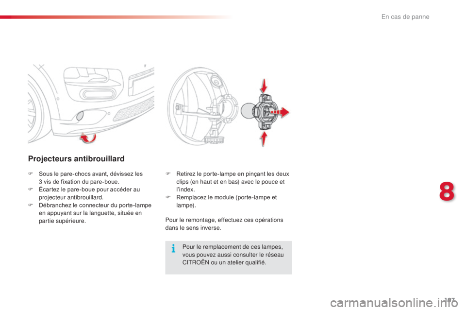 CITROEN C4CACTUS 2016  Notices Demploi (in French) 197
Projecteurs antibrouillard
Pour le remplacement de ces lampes, 
vous pouvez aussi consulter le réseau 
CITROËN ou un atelier qualifié.
F
 
S

ous le pare-chocs avant, dévissez les  
3 vis de f