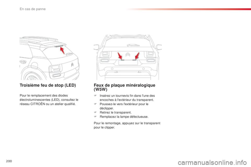 CITROEN C4CACTUS 2016  Notices Demploi (in French) 200
Troisième feu de stop (LED)Feux de plaque minéralogique 
(W5W)
Pour le remontage, appuyez sur le transparent 
pour le clipper. F 
I
 nsérez un tournevis fin dans l'une des 
encoches à l
