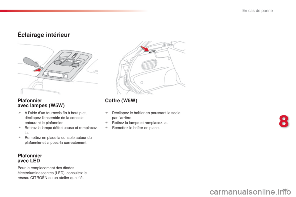 CITROEN C4CACTUS 2016  Notices Demploi (in French) 201
F A l'aide d'un tournevis fin à bout plat, déclippez l'ensemble de la console 
entourant le plafonnier.
F
 
R
 etirez la lampe défectueuse et remplacez-
la.
F
 
R
 emettez en place 