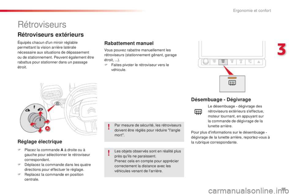 CITROEN C4CACTUS 2016  Notices Demploi (in French) 53
Rétroviseurs
Équipés chacun d'un miroir réglable 
permettant la vision arrière latérale 
nécessaire aux situations de dépassement 
ou de stationnement. Peuvent également être 
rabattu