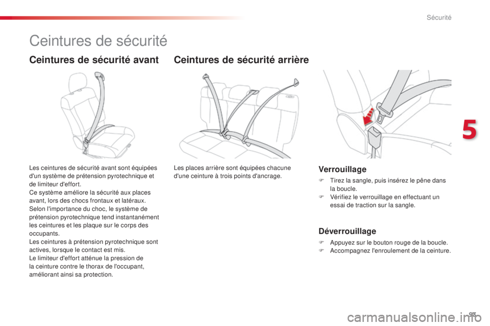 CITROEN C4CACTUS 2016  Notices Demploi (in French) 93
Ceintures de sécurité
Ceintures de sécurité avant
Les ceintures de sécurité avant sont équipées 
d'un système de prétension pyrotechnique et 
de limiteur d'effort.
Ce système am