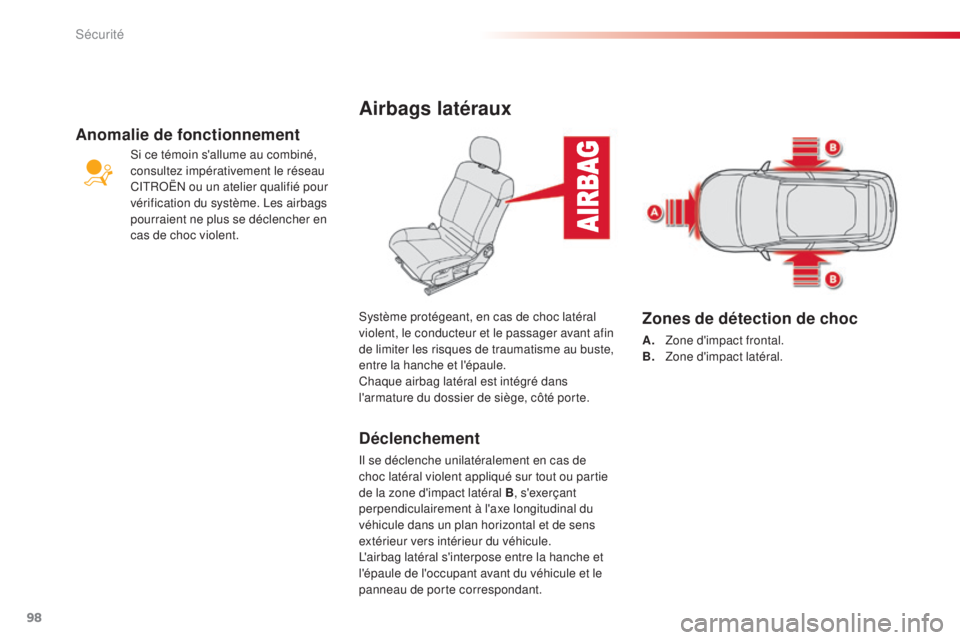 CITROEN C4CACTUS 2016  Notices Demploi (in French) 98
Airbags latéraux
Déclenchement
Il se déclenche unilatéralement en cas de 
choc latéral violent appliqué sur tout ou partie 
de la zone d'impact latéral B, s'exerçant 
perpendiculair