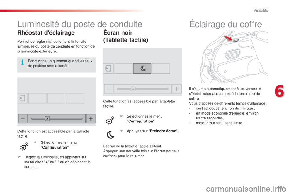CITROEN C4CACTUS 2015  Notices Demploi (in French) 123
il s'allume automatiquement à l'ouverture et 
s'éteint automatiquement à la fermeture du 
coffre.
Vous disposez de différents temps d'allumage
 
:
-
 
c
 ontact coupé, environ