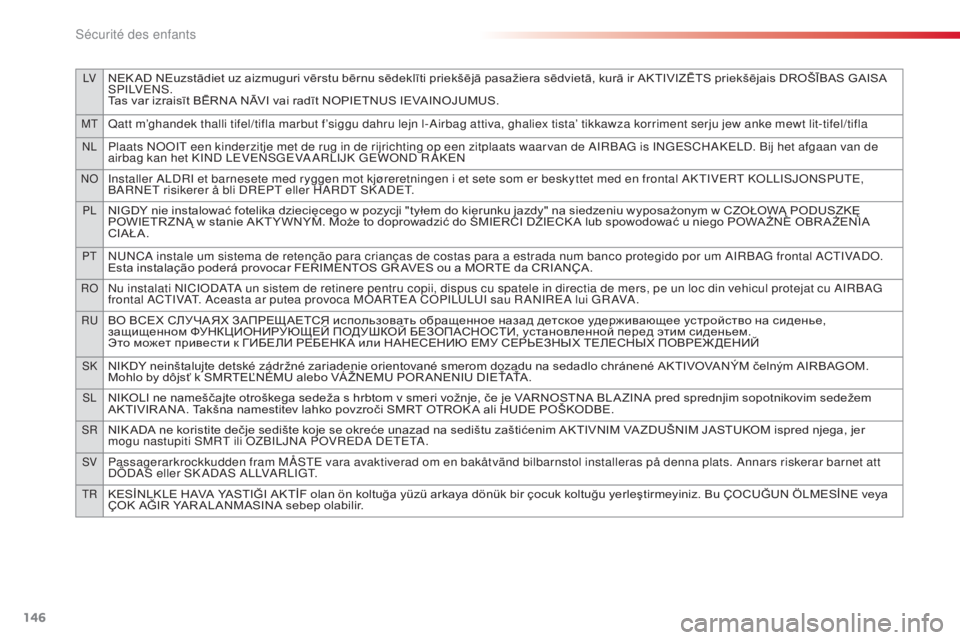 CITROEN C4CACTUS 2015  Notices Demploi (in French) 146
lVNEK AD NEuzstādiet uz aizmuguri vērstu bērnu sēdeklīti priekšējā pasažiera sēdvietā, kurā ir AKTIVIZĒTS priekšējais DROŠĪBAS GAISA sPilVe n s.
T
as var izraisīt BĒRNA NĀVI va