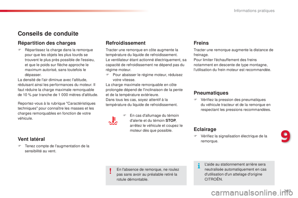 CITROEN C4CACTUS 2015  Notices Demploi (in French) 207
Conseils de conduite
Répartition des charges
F Répartissez la charge dans la remorque pour que les objets les plus lourds se 
trouvent le plus près possible de l'essieu, 
et que le poids su