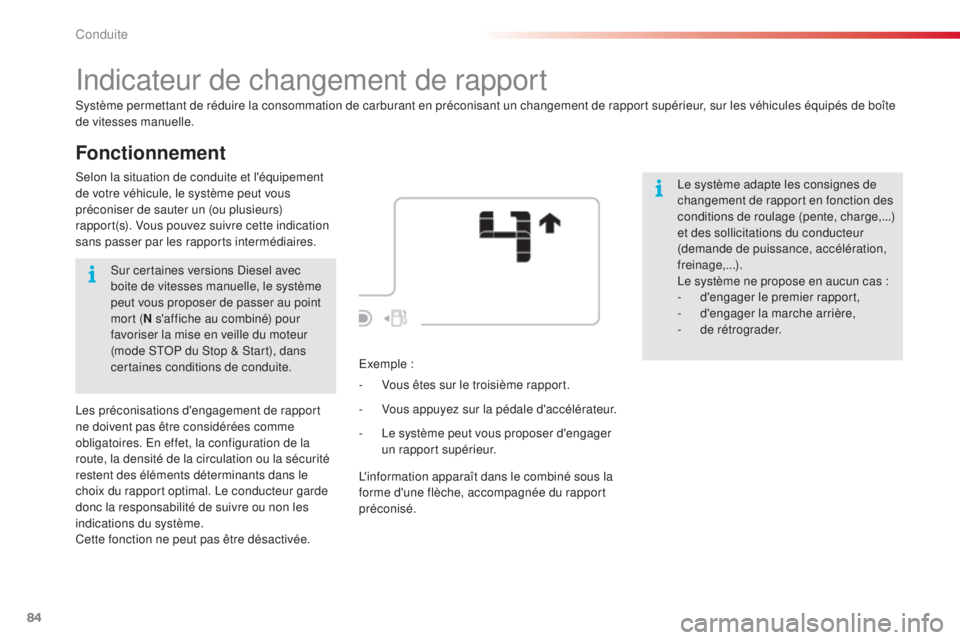 CITROEN C4CACTUS 2015 Notices Demploi (in French) 84
Fonctionnement
indicateur de changement de rapport
système permettant de réduire la consommation de carburant en préconisant un changement de rapport supérieur, sur les véhicules équipés de CITROEN C4CACTUS 2015 Notices Demploi (in French) 84
Fonctionnement
indicateur de changement de rapport
système permettant de réduire la consommation de carburant en préconisant un changement de rapport supérieur, sur les véhicules équipés de