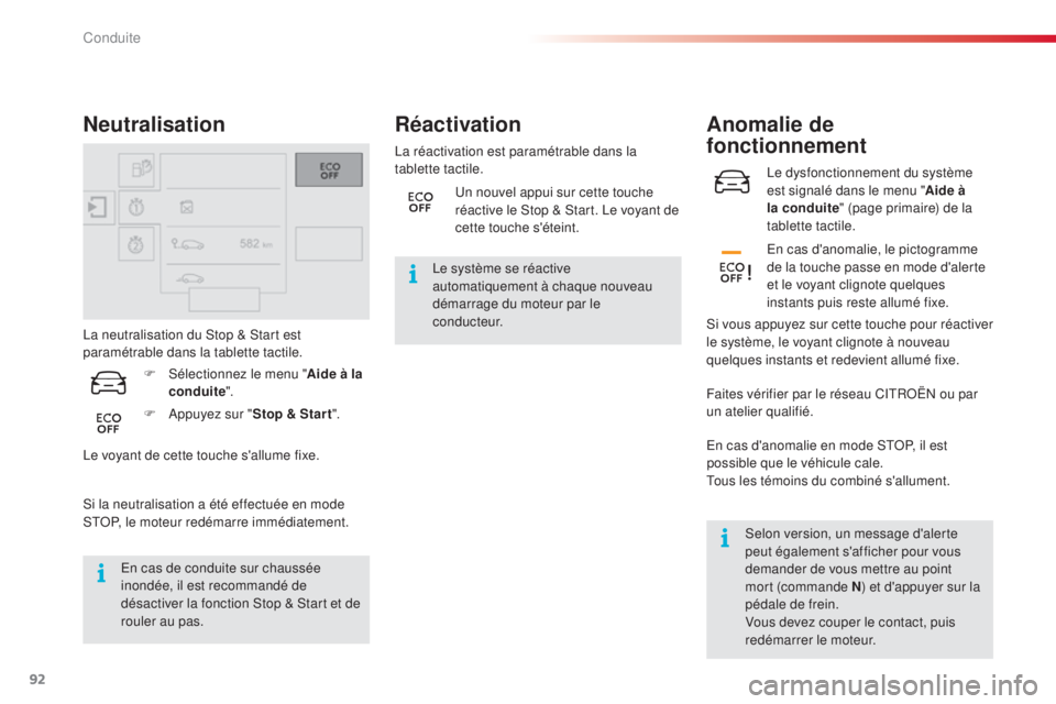 CITROEN C4CACTUS 2015  Notices Demploi (in French) 92
le dysfonctionnement du système 
est signalé dans le menu "Aide à 
la conduite " (page primaire) de la 
tablette tactile.
Anomalie de 
fonctionnement
en cas d'anomalie, le pictogramm