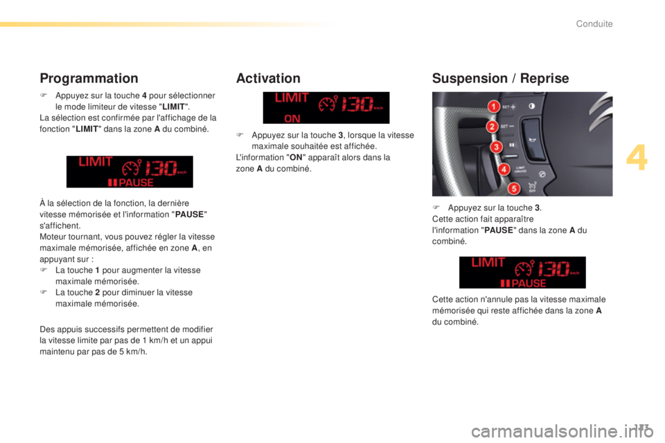 CITROEN C5 2016  Notices Demploi (in French) 123
F  appuyez sur la touche 4 pour sélectionner le mode limiteur de vitesse " LIMIT".
la s

élection est confirmée par l'affichage de la 
fonction " LIMIT" dans la zone A du co