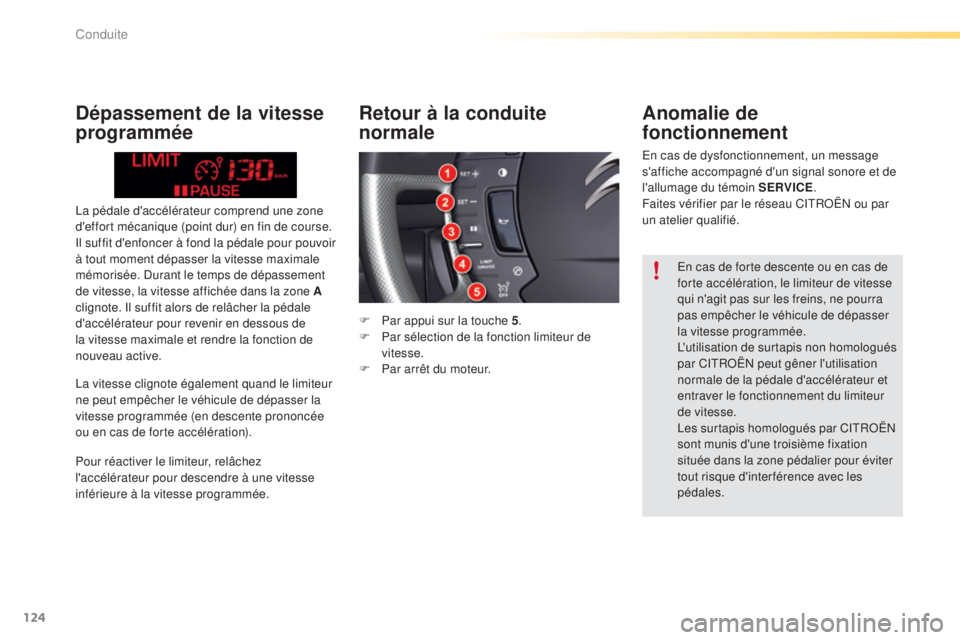 CITROEN C5 2016  Notices Demploi (in French) 124
la pédale d'accélérateur comprend une zone 
d'effort mécanique (point dur) en fin de course. 
il s
uffit d'enfoncer à fond la pédale pour pouvoir 
à tout moment dépasser la vit