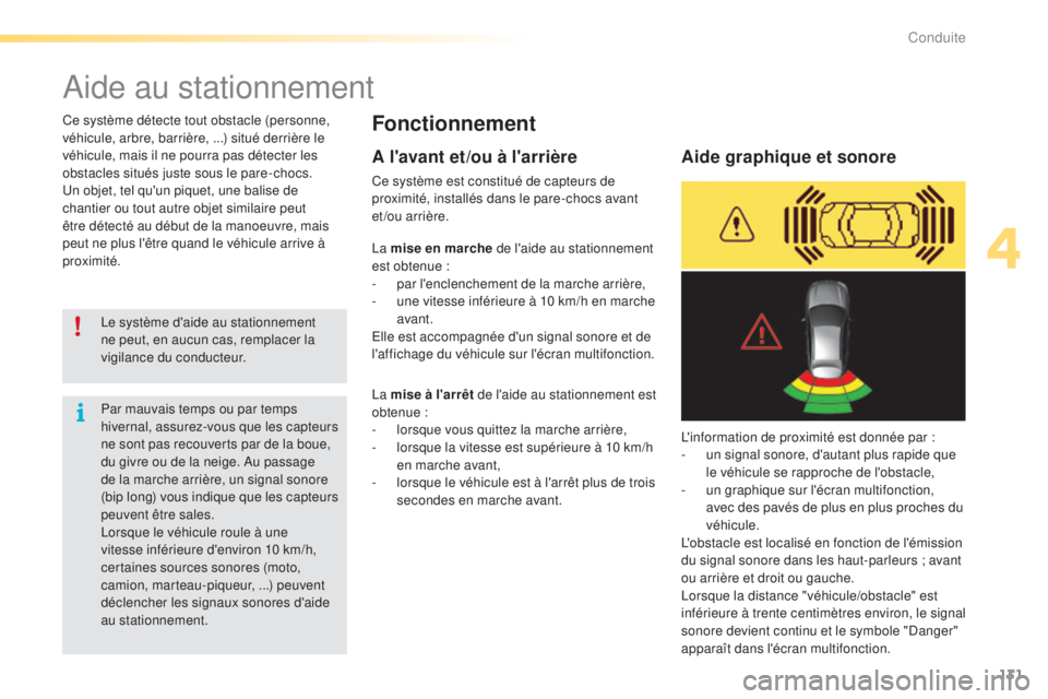 CITROEN C5 2016 Notices Demploi (in French) 131
aide au stationnement
Fonctionnement
le système d'aide au stationnement
ne peut, en aucun cas, remplacer la
vigilance du conducteur.
Ce système détecte tout obstacle (personne,
véhicule CITROEN C5 2016 Notices Demploi (in French) 131
aide au stationnement
Fonctionnement
le système d'aide au stationnement
ne peut, en aucun cas, remplacer la
vigilance du conducteur.
Ce système détecte tout obstacle (personne,
véhicule