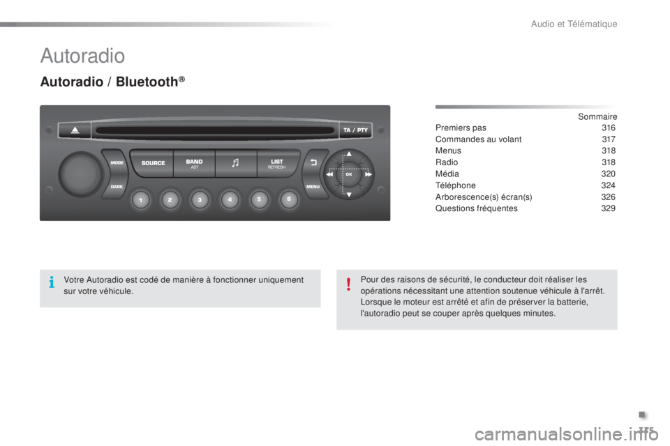 CITROEN C5 2016  Notices Demploi (in French) 315
autoradio
Autoradio / Bluetooth®
sommaire
Premiers pas
 3 16
Commandes au volant
 
3
 17
Menus
 

318
Radio
 31

8
Média
 32

0
té

léphone
 
 324
ar

borescence(s) écran(s)
 3
 26
Questions 